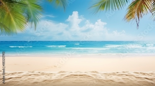 Tropical beach with white sand and palm trees. Seascape.