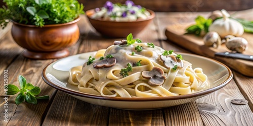 Creamy Mushroom Fettuccine on Rustic Wooden Table, Italian Cuisine, Pasta Recipe, Mushroom Pasta, Fettuccine Alfredo