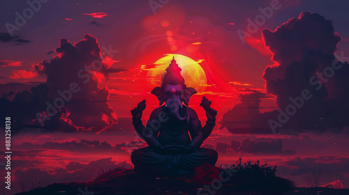 Illustration of lord ganesha meditating with a beautiful sunset background