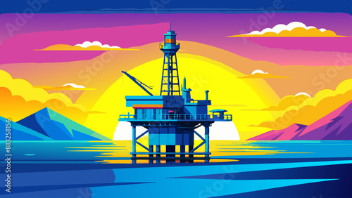 Offshore oil rig drilling platform at sunset. Oil and gas platforms north sea