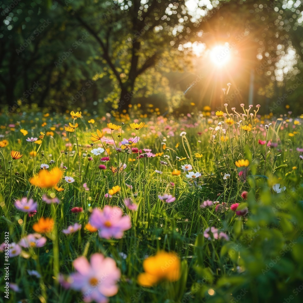 The spring meadow, colorful flowers, high angle shot, bright sunlight, lush greenery, vibrant and lively The spring meadow, colorful flowers, high angle shot, bright sunlight, lush greenery, vibrant and lively