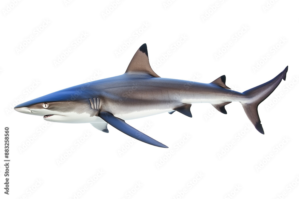 Blue shark swimming, transparent white background, isolated. Blue shark swimming, transparent white background, isolated.