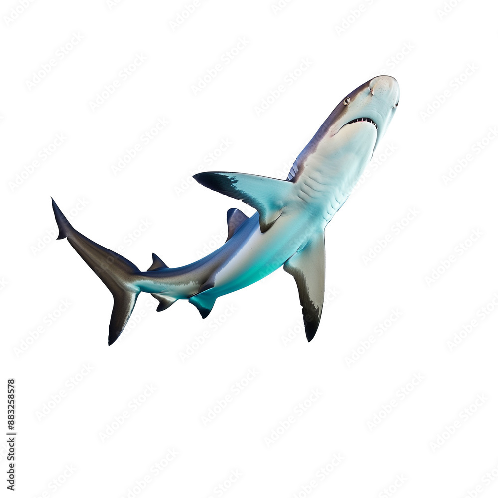 Fototapeta premium Blue shark swimming, transparent white background, isolated.