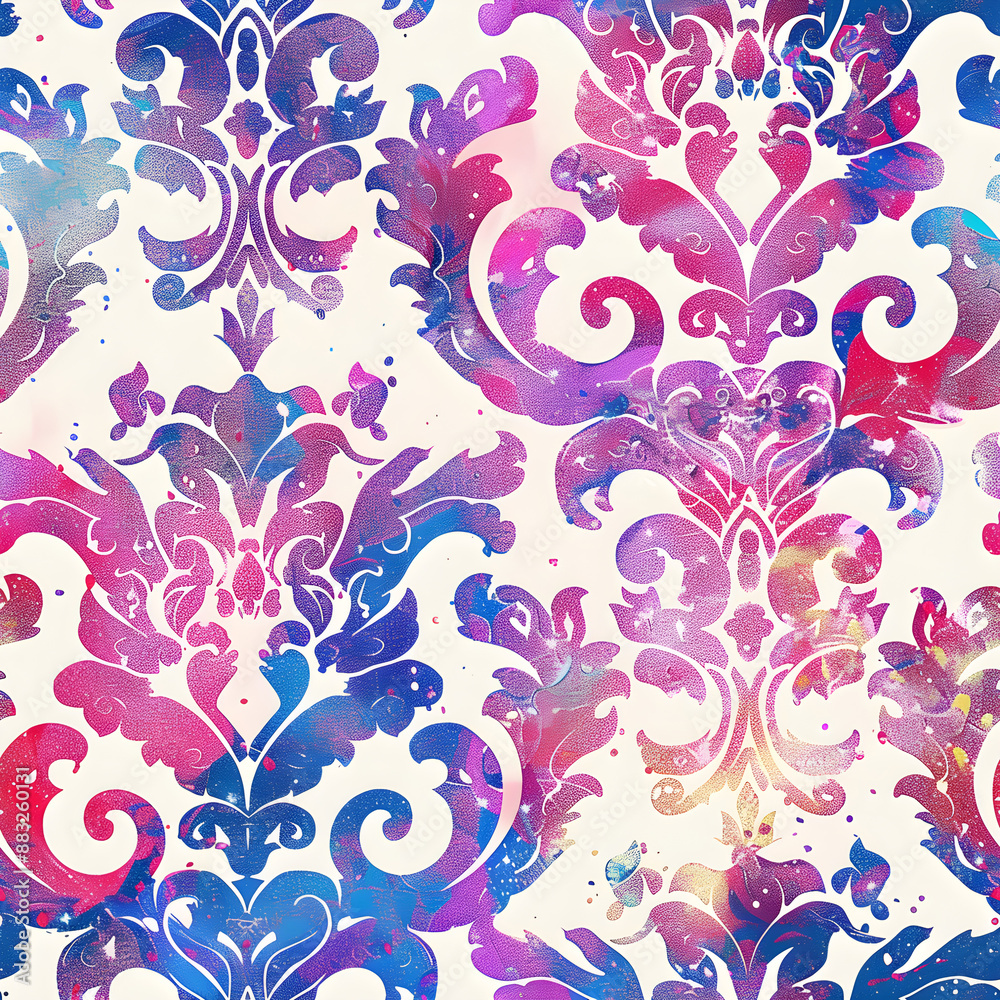 Colorful damask pattern repeating seamlessly on white background Colorful damask pattern repeating seamlessly on white background