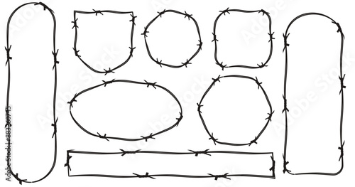 Twisted barbed wire silhouettes Steel black wire barb fence frames. Concept of protection, danger or security. Barb frame. 