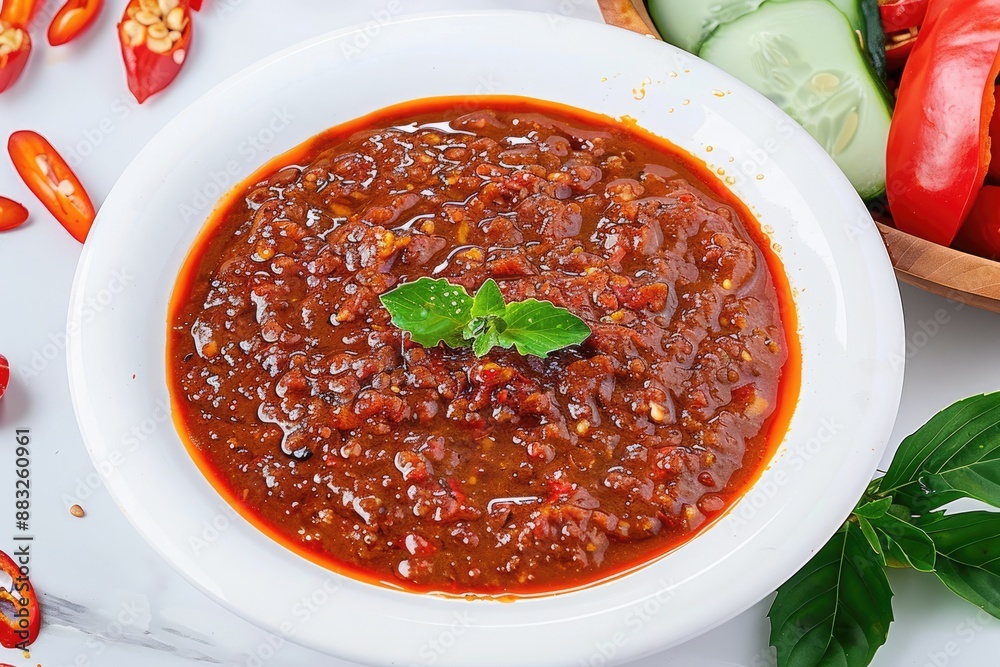 spicy sambhal belacan sauce in plate with spices spicy sambhal belacan sauce in plate with spices
