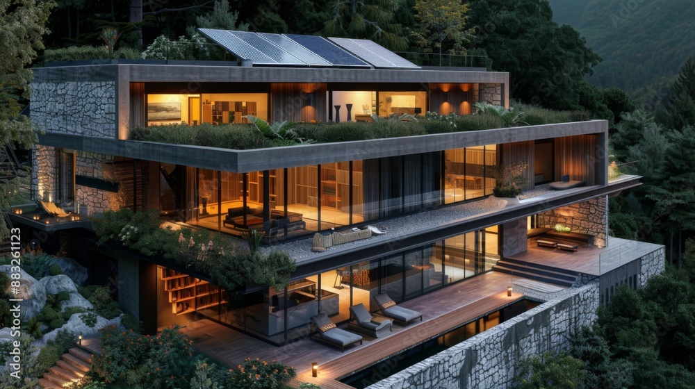 Solar panels on the roof of a beautiful modern home. Renewable energy for the home concept Solar panels on the roof of a beautiful modern home. Renewable energy for the home concept
