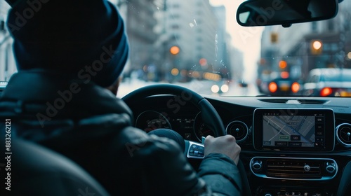 A man is driving a car with a GPS system and a black steering wheel