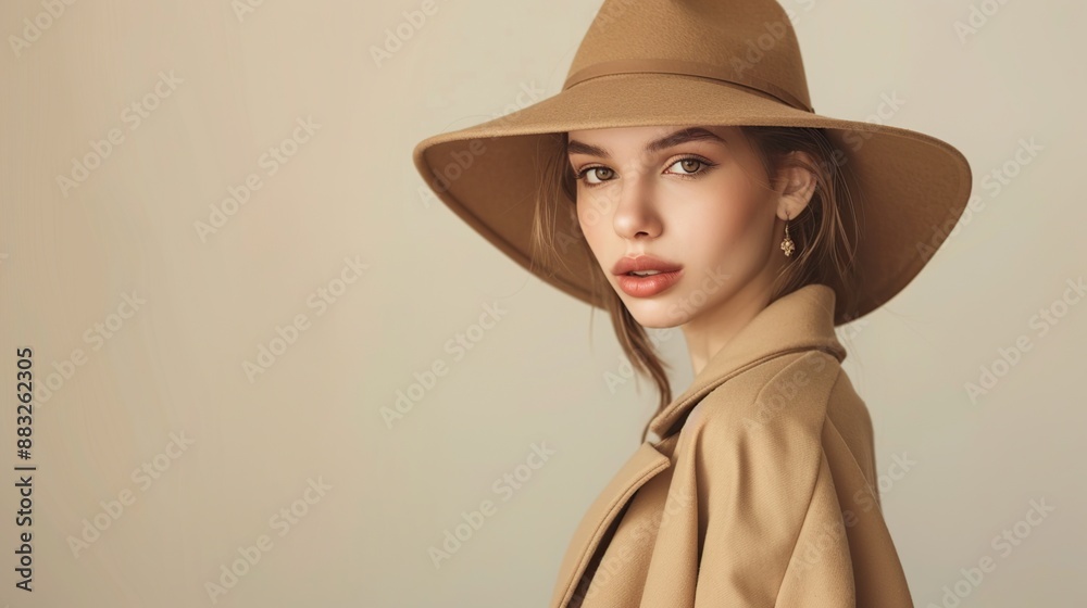 Elegant young woman wearing a stylish brown hat and coat, looking over her shoulder with a confident expression. Elegant young woman wearing a stylish brown hat and coat, looking over her shoulder with a confident expression.