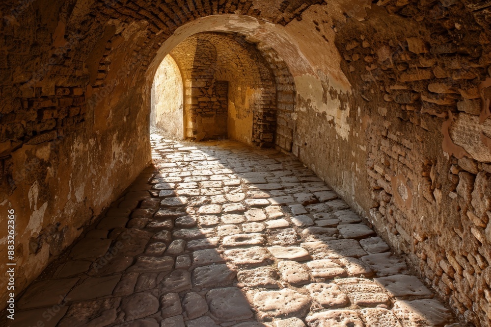 Obraz premium Mamluk era arched stones tunnel leading to Al-Muayyad Bimaristan (ancient hospital), Darb El Labbana district, Cairo, Egypt. Beautiful simple AI generated image in 4K, unique.