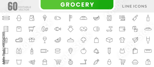 Grocery line Icon set. Supermarket, Bakery, Milk, Vegetable, Fruit,  Dairy, Cheese, Rice, Coffee, Seafood, Fish, Chicken and Cart outline icon collection. UI thin outline icons.