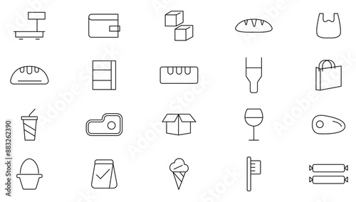 Grocery line Icon set. Supermarket, Bakery, Milk, Vegetable, Fruit,  Dairy, Cheese, Rice, Coffee, Seafood, Fish, Chicken and Cart outline icon collection. UI thin outline icons.