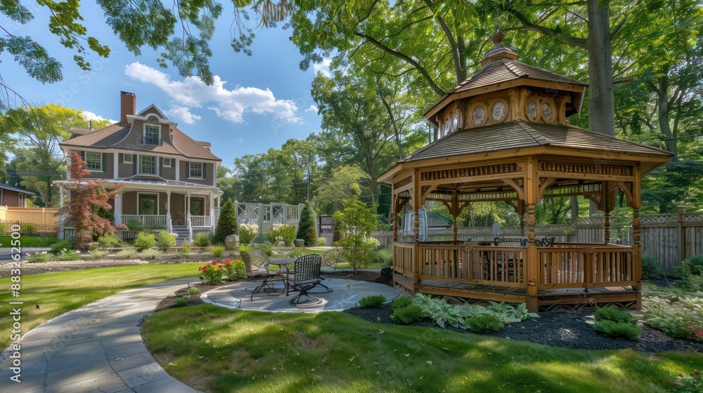 Obraz premium Suburban Victorian home with a custom-built gazebo in the backyard, matching the home's architectural style and providing a scenic retreat