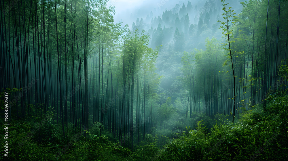 Obraz premium A photo of the lush bamboo forests in Sichuan, with majestic pandas as the background, during a misty morning