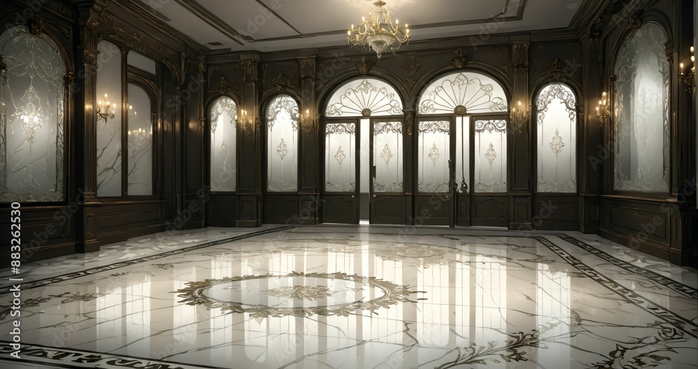 Obraz premium interior entrance door of gothic house palace castle ballroom mansion lobby. white and black art deco art nuevo dark black style with filigree ornamental floral embellishments.. 