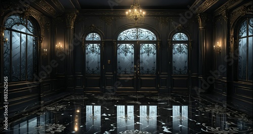 ballroom entrance door lobby interior of palace mansion castle house cathedral. dark black gothic art deco art nuevo ornamental floral embellishments.