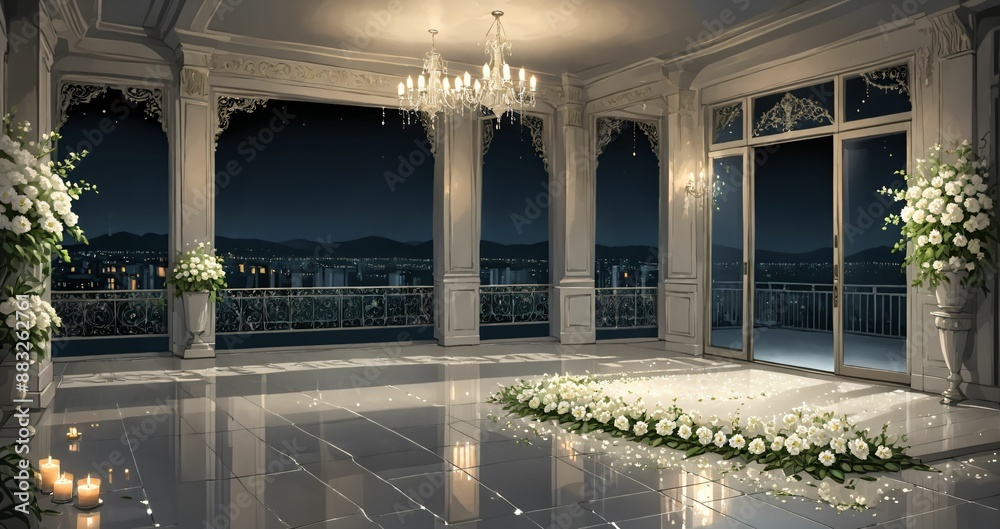 Obraz premium white patio terrace of palace mansion interior at night. art deco gothic style with floral embellishments, flowers, and flower petals. luxury resort balcony with city view.