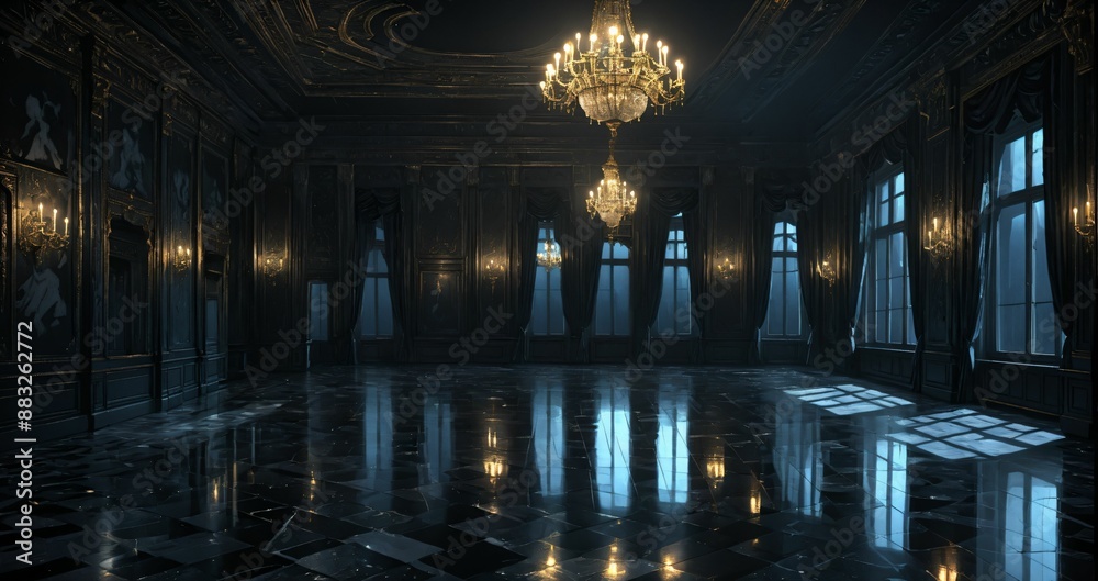 Obraz premium black ballroom room interior of mansion castle palace at night. dark gothic art deco cathedral monastery living room with city view from windows.