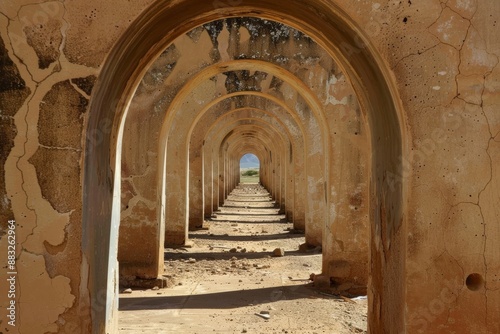 Mamluk era arched stones tunnel leading to Al-Muayyad Bimaristan (ancient hospital), Darb El Labbana district, Cairo, Egypt. Beautiful simple AI generated image in 4K, unique.