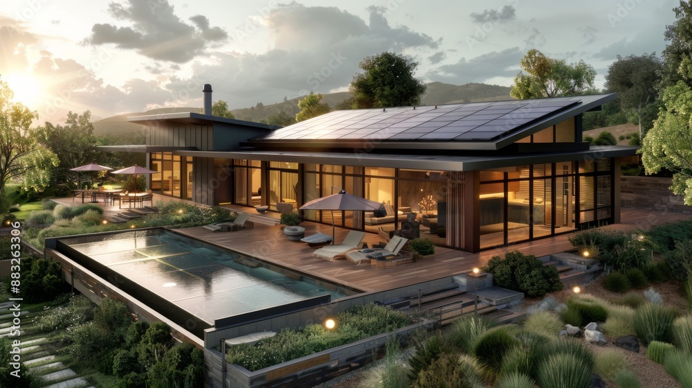 Obraz premium Solar panels on the roof of a beautiful modern home. Renewable energy for the home concept