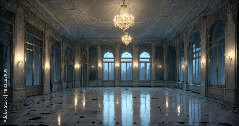Obraz premium white ballroom corridor of mansion building palace cathedral gothic house at night. art deco art nuevo style with chandelier, windows, curtains, and candles.