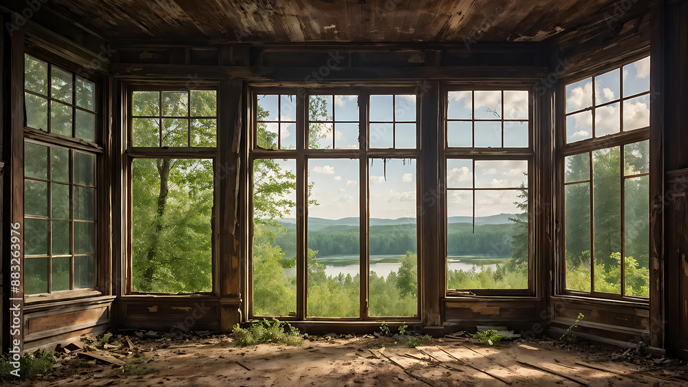 Abandoned house interior with a view of nature through a large window. Abandoned house interior with a view of nature through a large window.