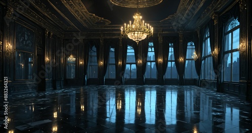 black ballroom room interior of mansion castle palace at night. dark gothic art deco cathedral monastery living room with city view from windows.