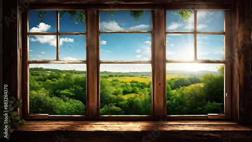 Wooden window frame with view of green field and blue sky.