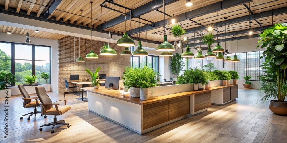 Modern Office Interior with Wooden Ceiling, Green Plants, and White ...