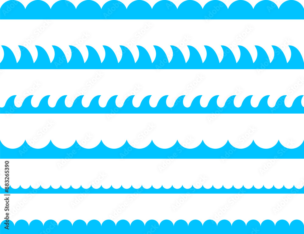 Water wave, sea wave. Wavy line. Seamless marine decoration pattern background. Vector ocean wave shape. Water logo, symbol or sign vector collection. Water wave, sea wave. Wavy line. Seamless marine decoration pattern background. Vector ocean wave shape. Water logo, symbol or sign vector collection.
