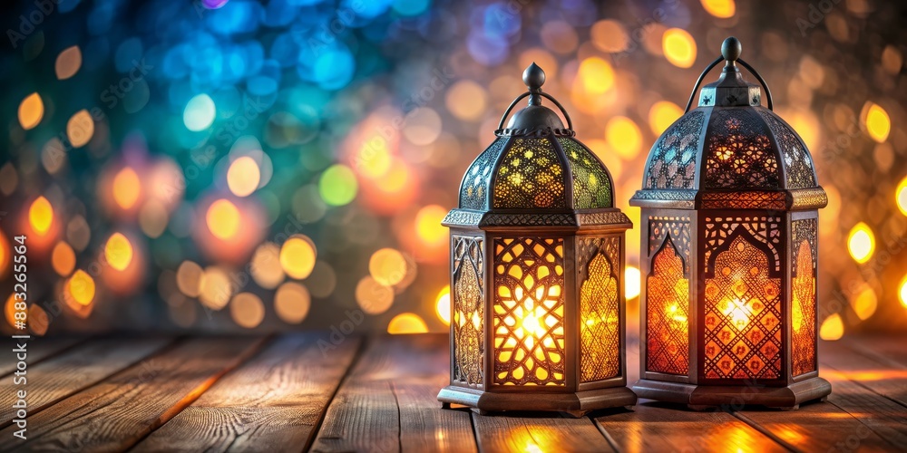Ornate Lanterns Glowing with Warm Light on Wooden Table, Bokeh Background, Ramadan, Islam, Festive, Decoration