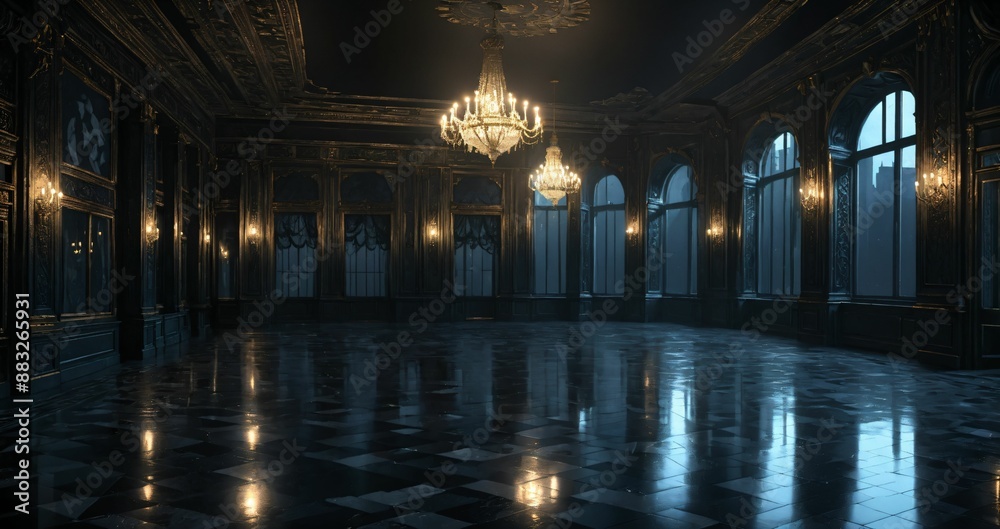 black ballroom room interior of mansion castle palace at night. dark gothic art deco cathedral monastery living room with city view from windows. black ballroom room interior of mansion castle palace at night. dark gothic art deco cathedral monastery living room with city view from windows.
