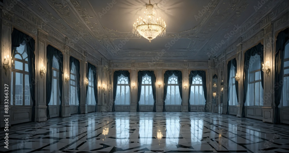 Fototapeta premium white ballroom corridor of mansion building palace cathedral gothic house at night. art deco art nuevo style with chandelier, windows, curtains, and candles.