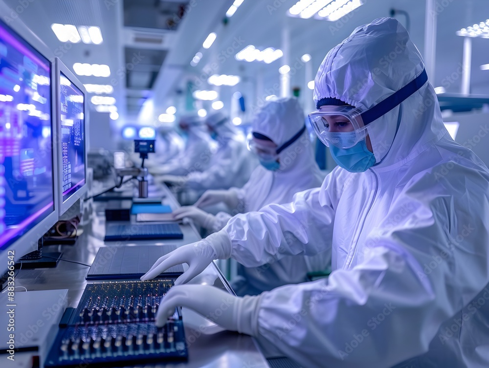 Advanced Semiconductor Fabrication Plant with Technicians Handling Microchips Precisely Advanced Semiconductor Fabrication Plant with Technicians Handling Microchips Precisely