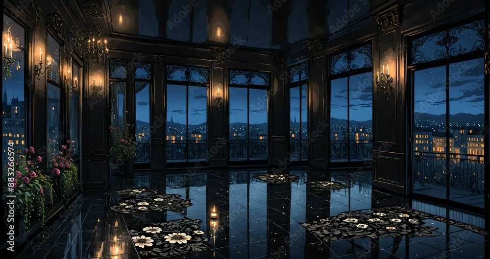 patio terrace balcony of palace mansion house at night. flowers, candles, and floral embellishments of black gothic art deco porch with tall windows and city view. patio terrace balcony of palace mansion house at night. flowers, candles, and floral embellishments of black gothic art deco porch with tall windows and city view.