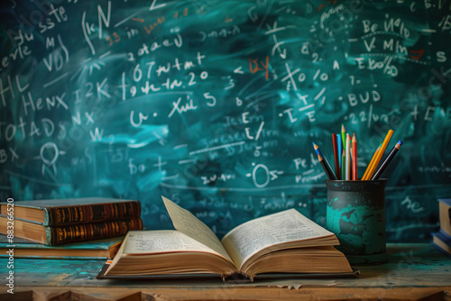 A book, pencils and books on the table with green chalkboard background filled of mathematical formulas in classroom