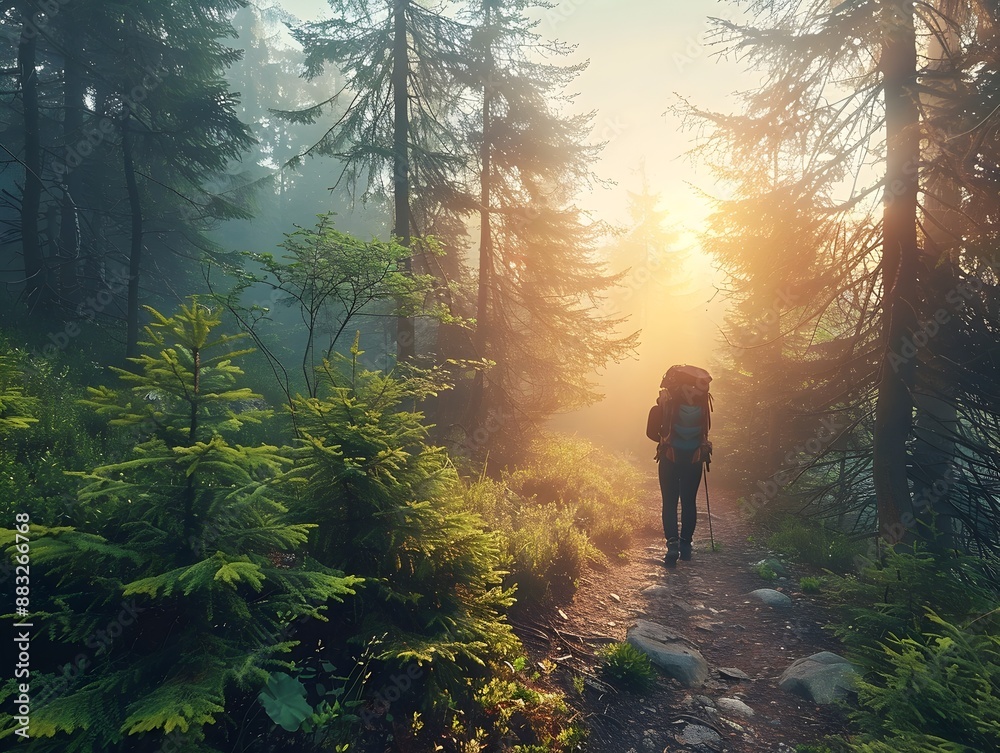 Serene Forest Trail with Hiker Amidst Misty Trees and Lush Foliage Serene Forest Trail with Hiker Amidst Misty Trees and Lush Foliage