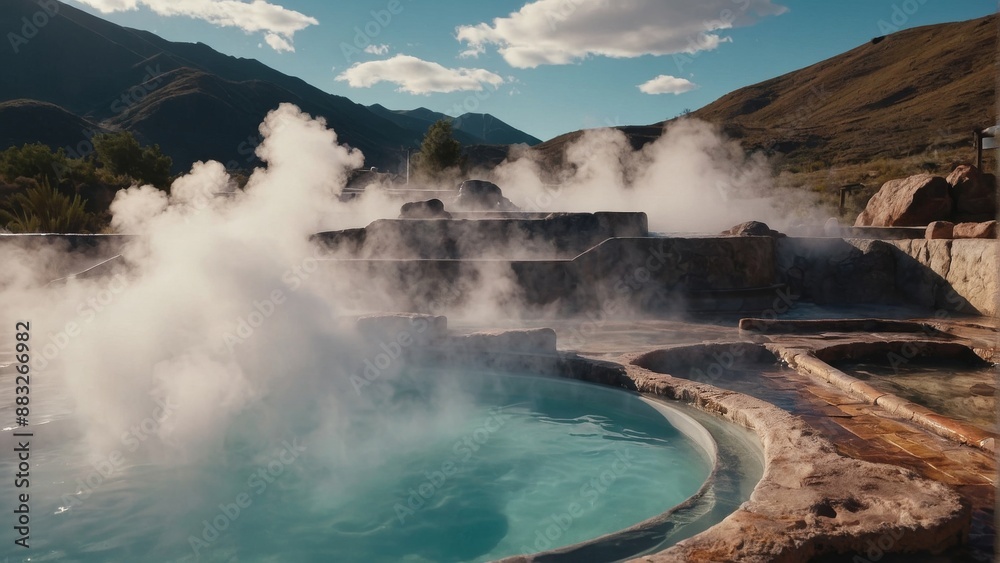Fototapeta premium An image of hot springs with mineral baths and steam clouds hovering above them