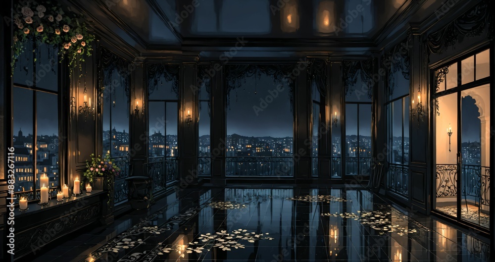 patio terrace balcony of palace mansion house at night. flowers, candles, and floral embellishments of black gothic art deco porch with tall windows and city view. patio terrace balcony of palace mansion house at night. flowers, candles, and floral embellishments of black gothic art deco porch with tall windows and city view.