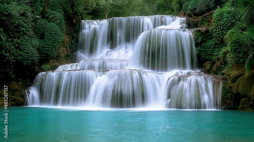 Stunning Multi-Tiered Waterfall Cascading into a Pristine Turquoise Pool Surrounded by Lush Green Forest Scenery for Relaxation and Inspiration