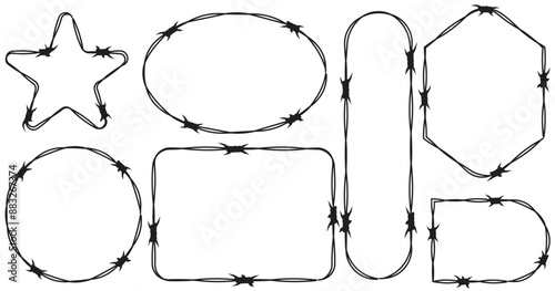 Twisted barbed wire silhouettes Steel black wire barb fence frames. Concept of protection, danger or security. Barb frame. 