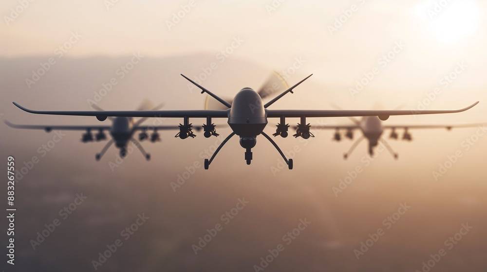 Military drones flying in a tight formation against a hazy sunset backdrop, showcasing modern aerial warfare technology and coordination