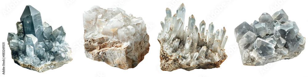 Collection of four various crystal formations on a transparent background, showcasing natural mineral beauty in high resolution. Collection of four various crystal formations on a transparent background, showcasing natural mineral beauty in high resolution.