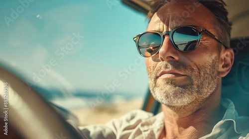 Portrait of a driver, sunglasses on, with the beach visible through the windshield, capturing the thrill of heading to the seaside on a sunny day