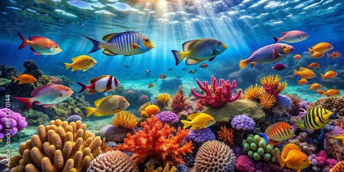 Fototapeta Naklejka Na Ścianę i Meble -  Underwater Paradise Vibrant Reef With Colorful Fish, Sunbeams, Corals,  Underwater world, tropical fish, coral reef  , marine life