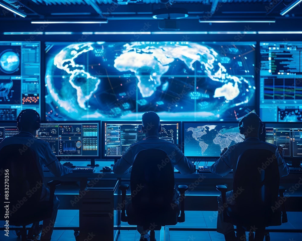 High Tech Aerospace Control Room with Engineers and Scientists Monitoring Space Missions and Satellite High Tech Aerospace Control Room with Engineers and Scientists Monitoring Space Missions and Satellite
