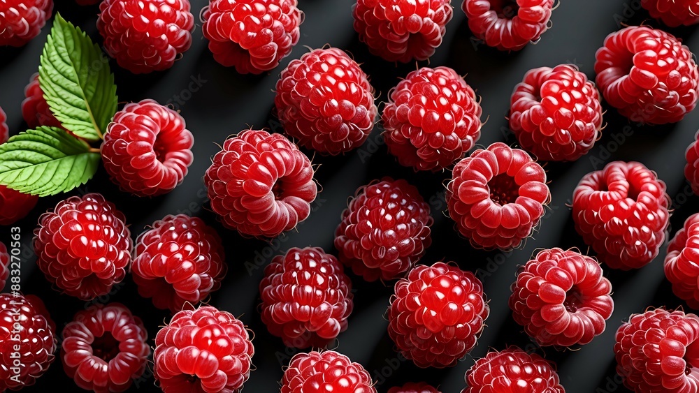 A close-up shot of fresh red raspberries scattered on a black background, with a single green leaf for contrast. A close-up shot of fresh red raspberries scattered on a black background, with a single green leaf for contrast.