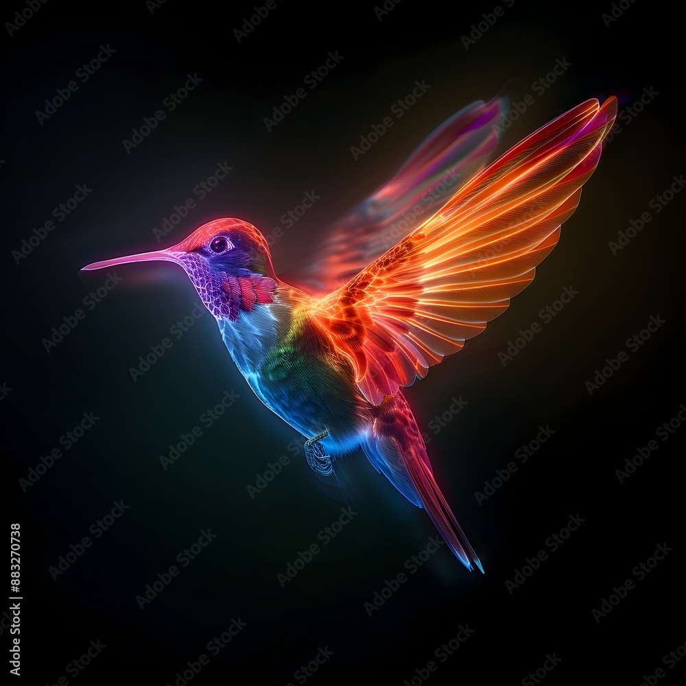 Fototapeta premium Neon Hummingbird Glowing in Rainbow Colors Against Black Background