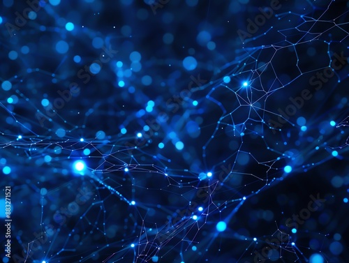 Abstract blue network of interconnected points and lines depicting a digital data flow or neural network in a technology background.