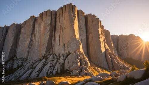 A towering granite cliff face bathed in warm, golden sunlight photo